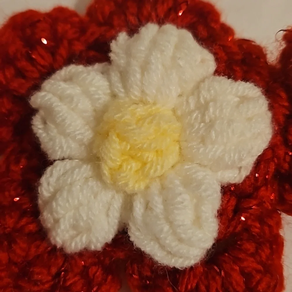 Hand Crafted Hand Knit Crochet Red White yellow puffy flower TikTok fashion bow